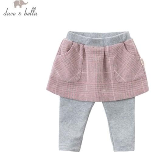 DBJ14538-2 dave bella autumn baby girls fashion plaid pockets pants children full length kids pants infant toddler trousers