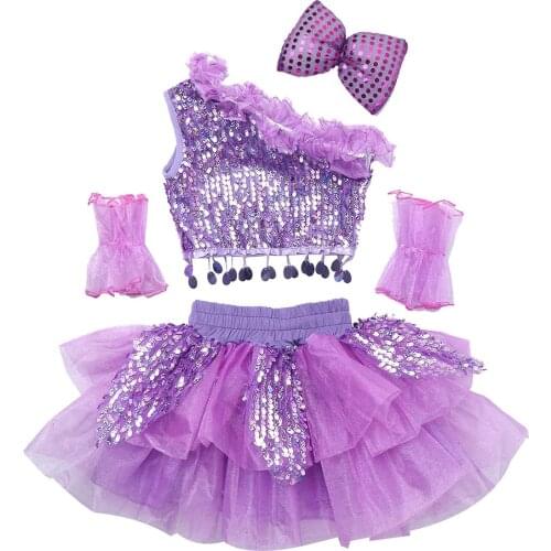 Kids Girls Dance Outfit Cheerleader Uniform Sequin Tops Tutu Skirt Hair Clip Cuffs 4Pcs Children Jazz Dance Performance Costumes