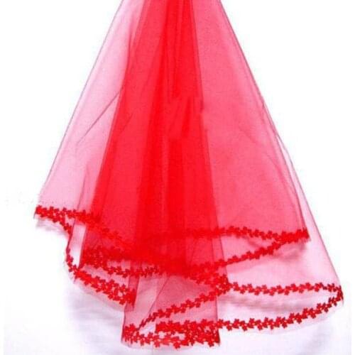 Summer Cheap Bride Veil Small Lace Appliques Edge Red Short Bridal Veils One Layer Wedding Veils