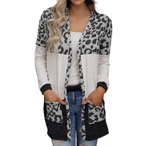 Women Cardigan Sweater Leopard Print Patchwork Long Sleeves Autumn Knitted Open Stitch Leopard Print Knitted Cardigan Women 2021