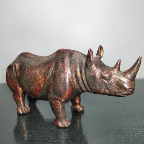 11"Chinese temple collection Old Bronze Lacquer Cinnabar rhinoceros statue unicorn Ornaments Town House Exorcism