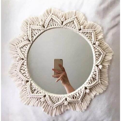 Macrame Mirror Wall Hanging Boho Round Mirror Art Home Decor for Apartment Living Room Bedroom Baby Room Decoration Gift 40*25