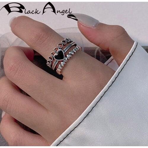 BLACK ANGEL S925 Multilayer Love Heart Rings Hollow Vintage Weave Thai Silver Elegant Party Jewelry Gifts for Women Couples