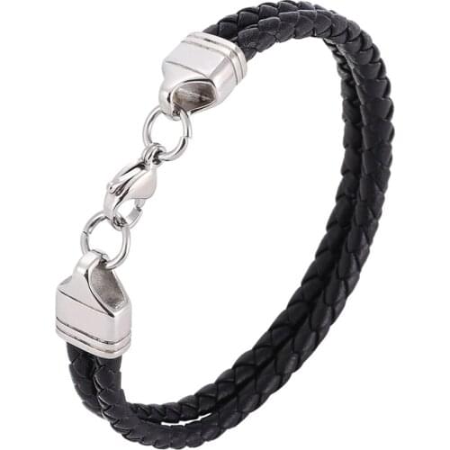 Trendy Double Layer Black Braided Leather Bracelet Men Stainless Steel Lobster Clasp Bracelet for Women Simple Jewelry PD1091