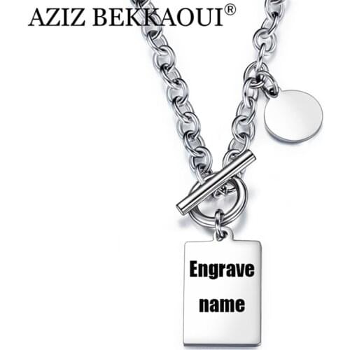 AZIZ BEKKAOUI Titanium Steel Mens Necklace Square Pendant Mens Necklace Engraved Name Men Necklaces Mens Fashion Jewelry
