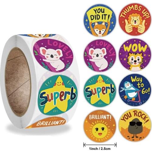 50-500Pcs 8 Different Cartoon Animals Stickers Reward Words Stickers for Teacher Encourage Student Kawaii Sticker for Kids Toy