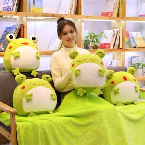 2021 New Emotional Green Frog Plush Toy Down Cotton Stuffed Squishy Animal Functional Pillow Flannel Blanket Hands Warm Gift