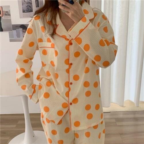 Autumn Pajamas Set Women Single Brasted Shirts + Trousers Set Two Piece Home Suit Cotton Orange Dot Print Plaid Sleepwear