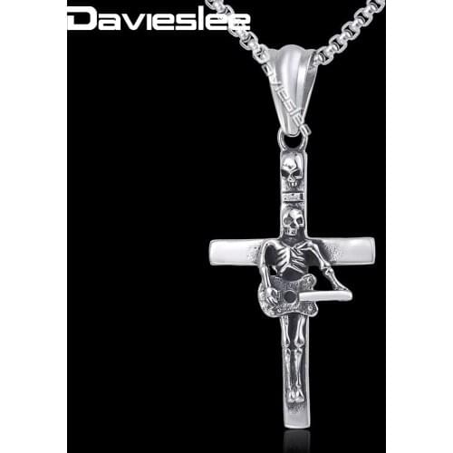 Davieslee Guitar Skull Cross Pendant Necklace Gothic Mens Chain Box Link 316L Stainless Steel Silver Color DHP549