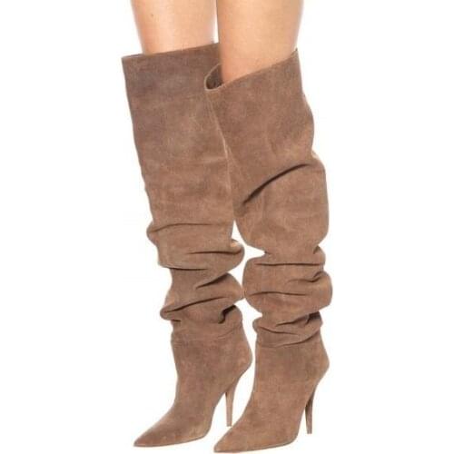 Drop Shipping Spring New Brand Women Solid Khaki Pointed Toe Slip On Fold Loose Stiletto Heels Over The Knee Thigh Long Boots