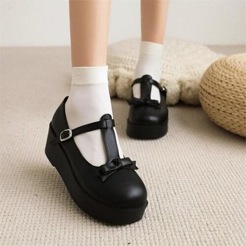 PXELENA Plus Size 34-43 Women Lolita T Tied Cosplay Shoes Wedge Platform Punk Rock Gothic Japanese Creepers Uniform Collegiate