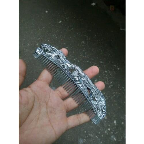 Rare old Chinese QingDyansty hollow carved silver comb,Dragon&phoenix,Free shipping