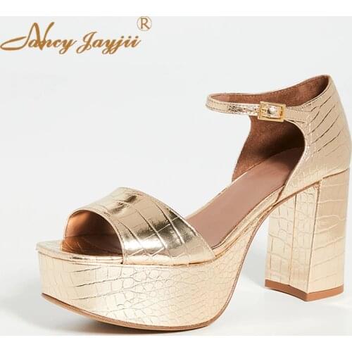 Square Cover Heel Sandals Shining Gold Platform Ankle Strap Crocodile / Cro Casual Dancing Lady Shoes size14 15 16 NANCYJAYJII
