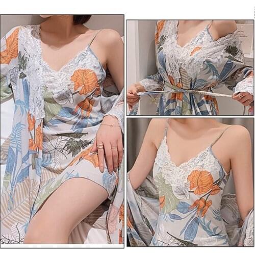 Sexy Satin Floral Sets Nightgowns Robe Set New Nightgowns Robe Split Hip Slender Slim Fit Sexy Print Dress Bathrobe Nightdress