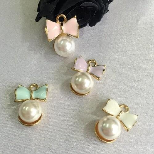 20*15MM 30Pcs Bowknot Glass Pearl & Glazing KC Gold Alloy Charms Jewelry Pendants