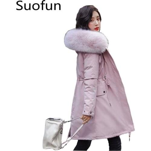 Suofun Solid Loose Pink Fur Coat Hooded New Winter Coat Warm Jacket Long Parka Outerwear Plus Size Women Jacket Casacos Feminino