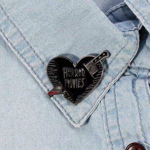 I love Horror Movies Pin Horror Movies Black Heart Enamel Pin Scary Slasher Film Spooky Vintage Accessory Gift