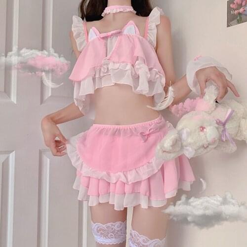 Japanese Sexy Cosplay Costumes Apron Maid Clothes Cute Lingerie Kawaii Slutty Skirt Set Cat Roleplay Erotic Cosplay Pink Black