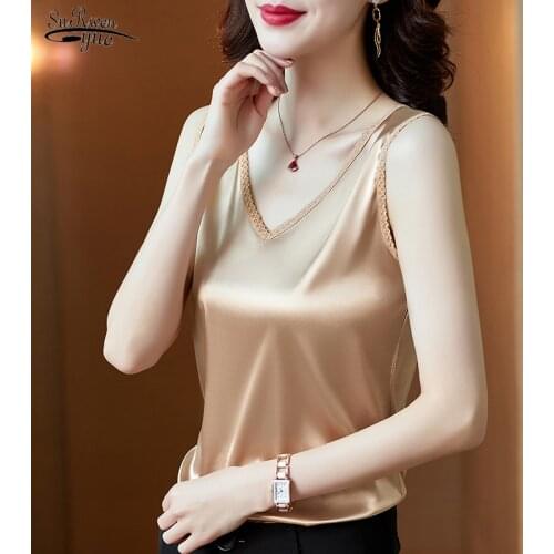 2021 Summer Sleeveless Blouse Women Solid V-neck Silk Camis Women Tops Sexy Office Lady Satin Vest Women Clothing Blusas 13376