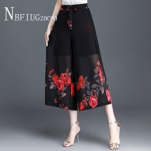 Ankle Length Thin Chiffon Women Pants Flower Printed Summer Female Trousers