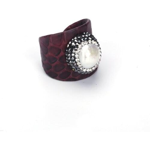 KEJIALAI Luxury Jewelry Natural Pearl Bead Rhinestone Charm Dark Purple Real Snake Leather Adjustable Open Ring Cuff Women