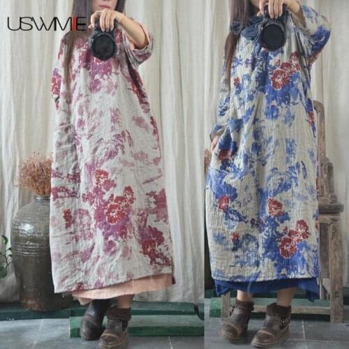 2020 New Women Dress Retro Printed Pastoral Style Small V-neck Print Loose Elegant Long Section Comfort Pocket Plus Size Dress