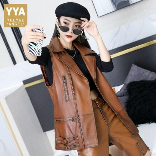 Mid-Length Sheepskin Waistcoat Office Lady Lapel Multi-Zippers Sleeveless Jacket Women Fit Genuine Leather Vests Autumn Winter