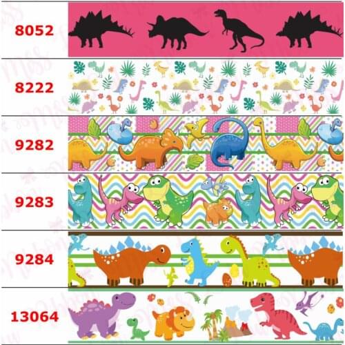 16mm-75mm Cartoon Dinosaur Animal Lover Printed Grosgrain/Elastic Ribbon Geometric Wave Dot Stripe DIY Hair Bowknot 50yards/roll