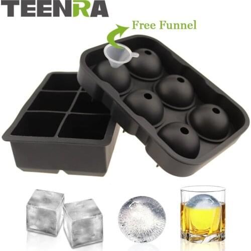 2PCS Frozen 6 Silicone Ice Ball 6 Square Ice Cube Trays Silicone Sphere Ice Mold Form Ball Maker Black TW-010