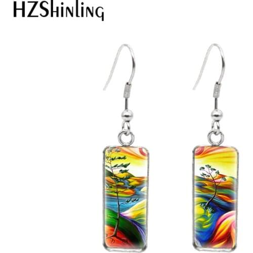 2021 New Rainbow Painting Rectangular Earring Landscape Art Photo Fish Hook Earrings Glass Cabochon Handmade Jewelry