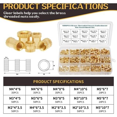 600 PCS M2 M3 M4 M5 Female Thread Knurled Nuts Brass Threaded Insert Embedment Nuts Assortment Kit