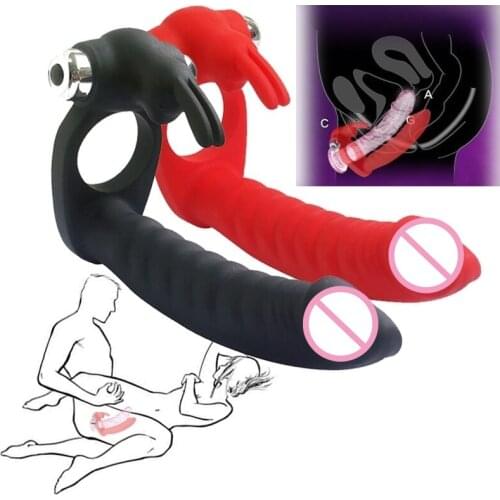 7 Speeds Penis Vibrating Ring Double Penetration Anal Bead Plug Rabbit Vibrator Ring Strapon Dildo Sex Toys for Men Couple