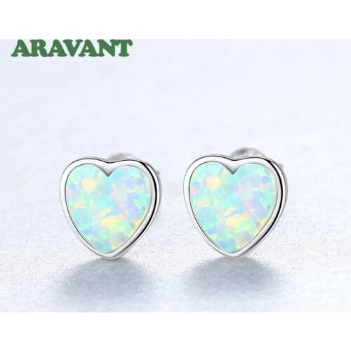 925 Silver Opal Heart Stud Earring For Women Girls Charm Jewelry Gifts