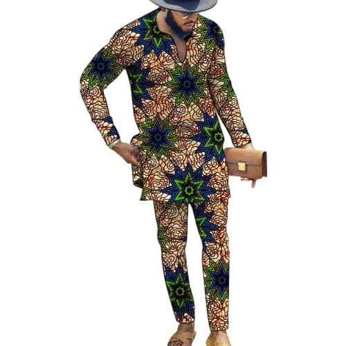 African clothes Man Long Shirts With Pants Fashion V-neck Tops+Trousers Tailor Made Mens Outfits Festive Ankara Pant Sets
