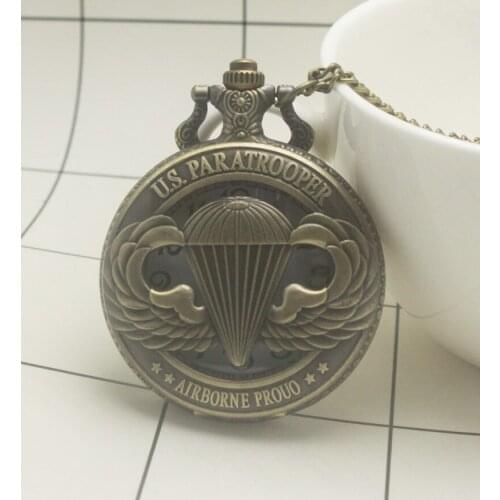 American U.S. Paratrooper Retro Hollow Dial Quartz Pocket Watch Necklace Pendant Chain Floral rattan Pocket Watch Gifts for Men