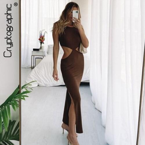 Cryptographic Fashion Elegant Sleeveless Backless Cut Out Women Midi Dress Holiday Beach Summer 2021 High Waist Split Dresses