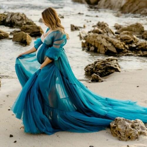 Elegant Blue Maternity Dress for Photo Shoot Custom Made Sheer Tulle Long Maternity Robes Women Dresses for Photography