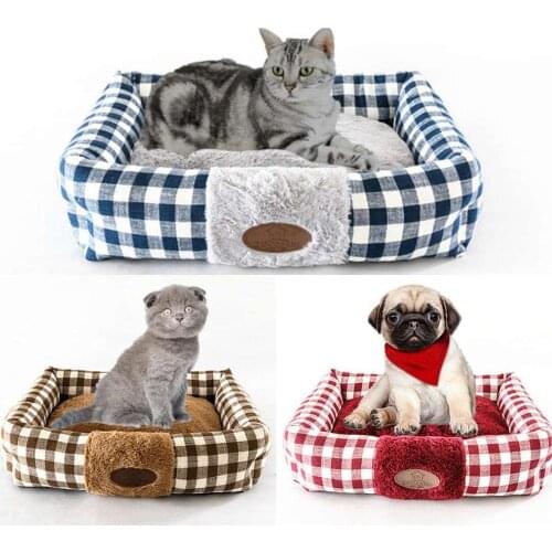 Plaid Bed For Pet Dog Cotton Soft Cat Bed Brown Pet House Warm Puppy Sofa Mat Fluff Dog Cushion Kennel for Medium Cat Winter
