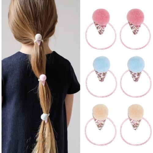 2pcs Cute Ice Cream Star Hair Bands Pom Pom Ball Elastic Hair Bands for Girls Kids Hair Gum Glitter Hair Rope Hair Accessories