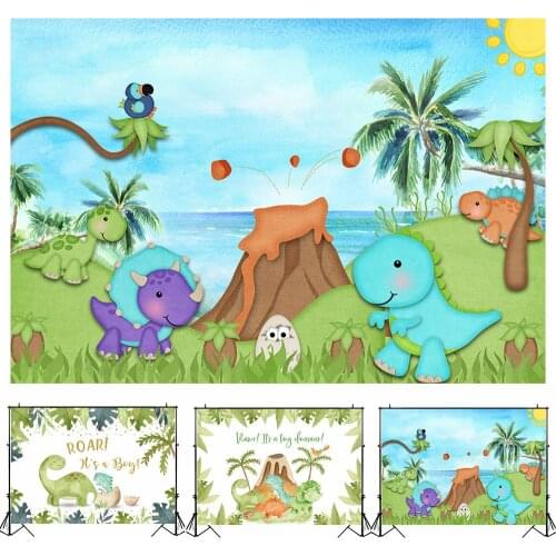 MOCSICKA Jungle Dinosaur Baby Shower Backdrop Photography Cartoon Dinosaur Tree Leaves Boy Birthday Party Backdrops Decoration