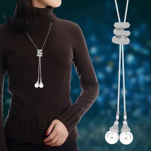 Fashion Necklace Women Metal Long Tassel Rhinestone Crystal Pearl Long Chain Necklace Winter Patry Sweater Adronment Jewelry