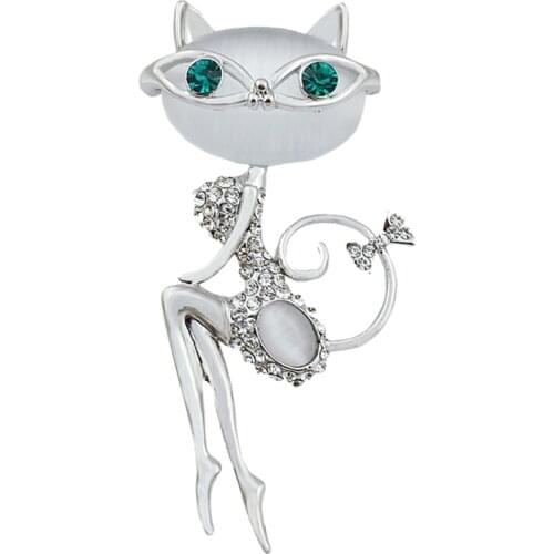 Fashion Cat Brooches Opal and Rhinestone Wear Glasses Cute and Sexy Cat Pins rooches Wedding Accessories