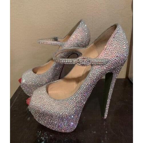 Moraima Snc Crystal Embellished High Heel Shoes Sexy Peep Toe Platform Pumps Ankle Strap Rhinestones Wedding Shoes Women