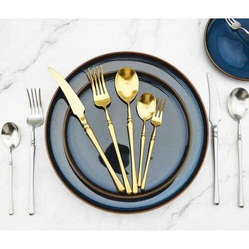 Gold Cutlery Set Matte Polishing Tableware Stainless Steel Dinnerware Spoons Knife Tea Spoon Vintage Round Handle Home Flatware