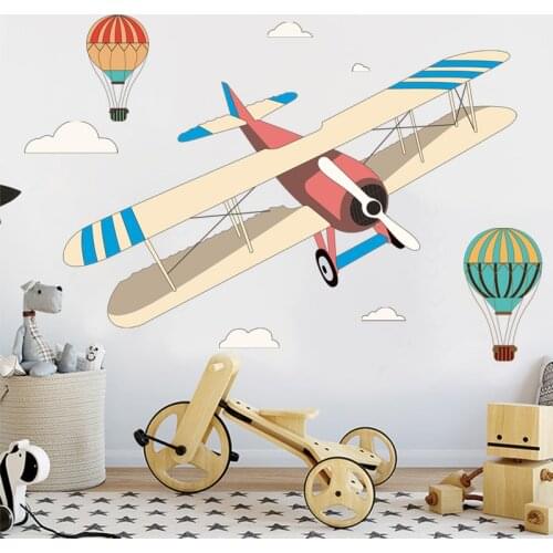 Cartoon Plane Hot Air Balloon Stickers Creative Kids Bedroom Decorative Decals Childrens Living Room Wall Mural