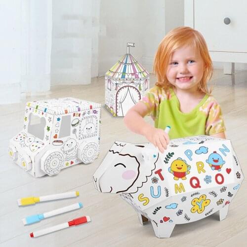 Educational 3D DIY Doodle Graffiti Cardboard Toy Coloring Assembled Puzzle Kid Manual Disassembly and Paper-cutting House Model