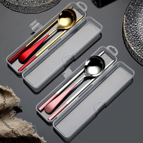 Portable 304 Stainless Steel Spoon Chopsticks Tableware Set Round Spoon Fashion Soup Spoon Coffee Ice Cream Dessert Spoons
