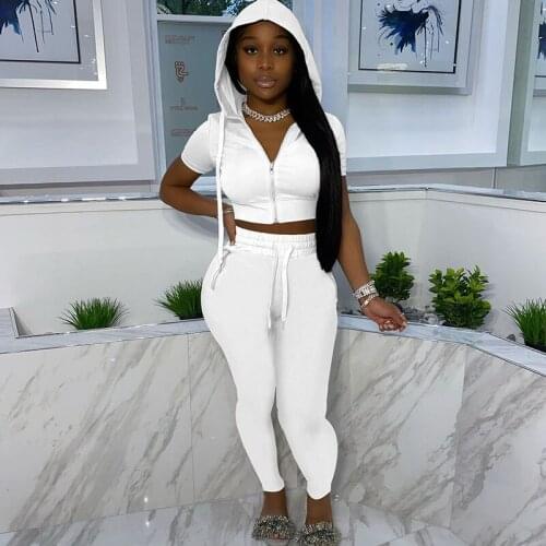 Casual Solid Two Piece Set Women Top and Pants Sportwear Fitness Sweatsuits for Women Summer Hooded Joggers Tracksuits Wholesale