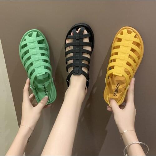 Movable band jelly sandals women breathable cut-out round toe flats slippers cozy roman two wear gladiator sandalias candy shoes