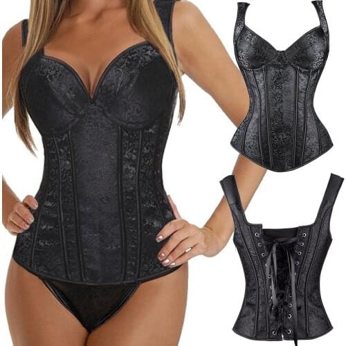 Sexy Womens Bustier Corset Top Gothic Jacquard Shoulder Straps Tank Overbust Corset Bustiers Waist Cincher Shapewear